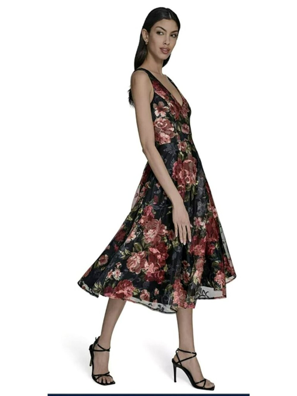 Eliza J Black Floral Fit & Flare Midi Dress Size 2 New - Picture 3 of 9